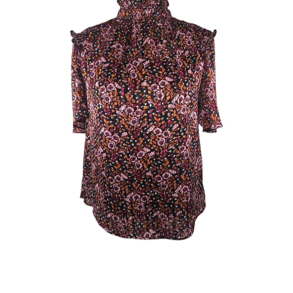 Melloday Black Floral Smocked Chiffon Crinkle High Neck Lined Blouse Top Small S